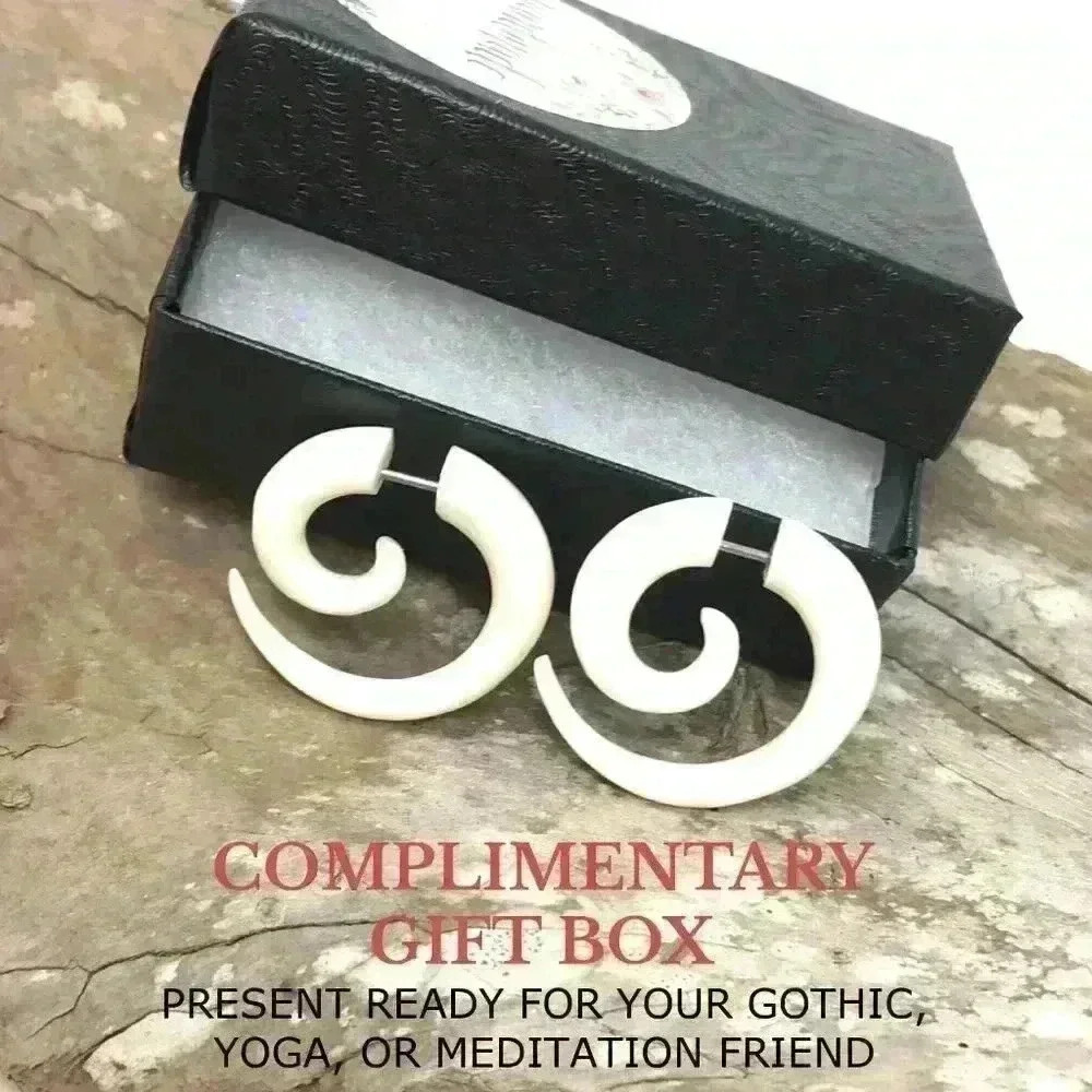 New Organic wooden spiral hoop earrings fake gauges by umbrellalaboratory - Picture 2 of 7